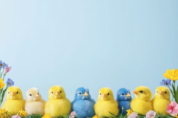 Adorable Baby Chicks with Spring Flowers - Cute yellow, blue, and pink baby chicks nestled amongst vibrant spring flowers. Symbolizing new life, spring, growth, innocence, and joy