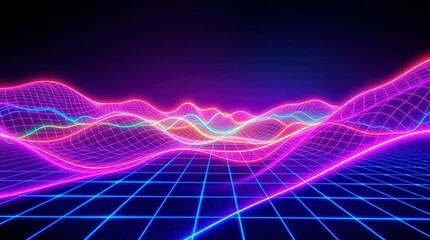 A vibrant neon grid landscape evokes the spirit of synthwave and futuristic technology.
