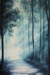 Fototapeta premium Illustration of a misty forest path, where tall trees line the way and dappled sunlight filters through the fog, casting delicate shadows on the ground. The tranquil scene invites a sense of mystery
