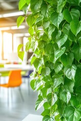 Lush green leaves cascade down, enhancing vibrant office space w