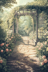 Obraz premium Illustration of a romantic garden filled with blooming roses, ivy covered trellises, and a stone pathway leading to a secluded gazebo. The warm, soft colors evoke a sense of timeless romance and
