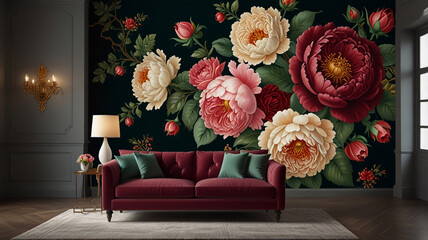 a luxurious floral pattern in a baroque style. Feature ornate, oversized roses, peonies, and lilies intertwined with intricate, curling vines and delicate leaves