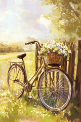 Fototapeta premium Illustration of a rustic, vintage bicycle leaning against a wooden fence, with a basket filled with wildflowers. The warm, earthy tones and the peaceful rural setting evoke feelings of nostalgia and