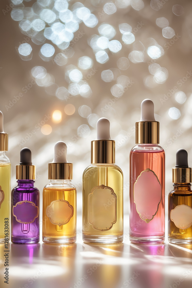 Aufkleber various glass bottles of essential oils arranged neatly on a surface with a sparkling background