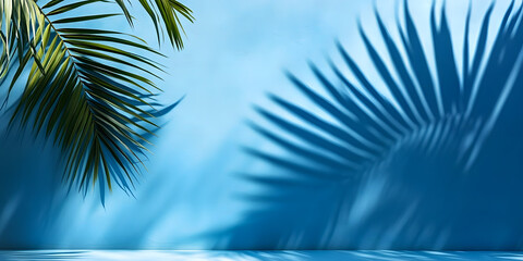 Shadow from palm leaves on blue wall. Minimal abstract background for product presentation. Spring and summer.