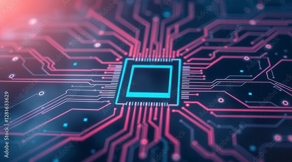 Poster abstract technology background featuring a vibrant glowing microchip and intricate circuit patterns.