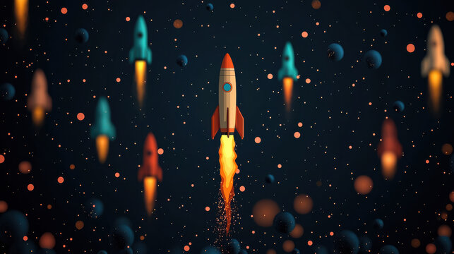 Colorful rockets flying through space with vibrant planets