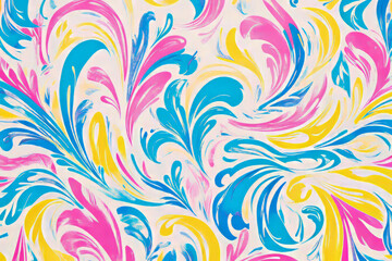 Illustration of a playful, retro inspired pattern with psychedelic swirls and bright neon colors, such as pink, blue, and yellow. The abstract, whimsical design brings a nostalgic, vibrant feel to