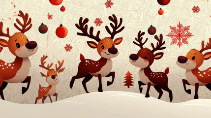 Fototapeta premium Cute cartoon reindeer in festive winter scene