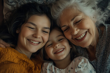 Happy family dynasty.Close up portrait smiling loving three female generations,a mother in her mid-40s, her daughter (a young girl), and the grandmother (an elderly woman) posing together at home