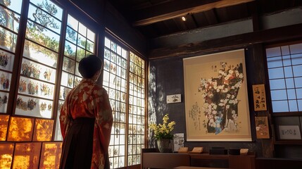 Japanese Woman in Traditional Kimono Admires Ancient Art