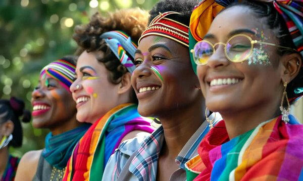 Diverse group of joyful people wearing colorful clothing and accessories outdoors