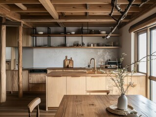 Modern wood interior kitchen design with a wooden table
