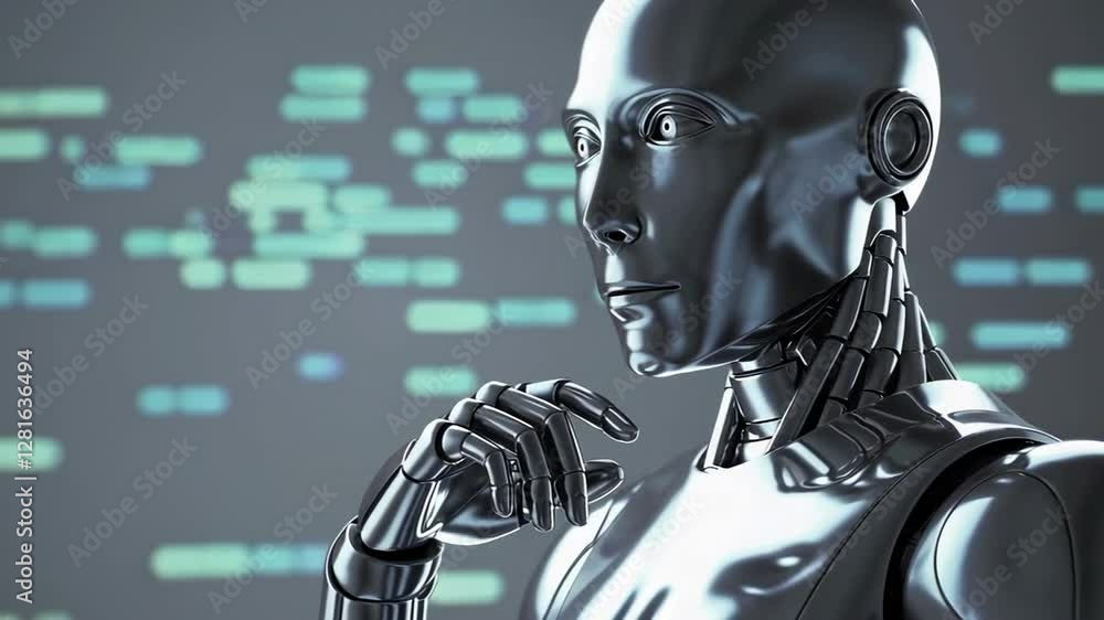 Aufkleber Silver robotic android thoughtfully analyzing digital information, processing algorithms with finger near face, screen displaying changing code in dynamic slow motion technological scene