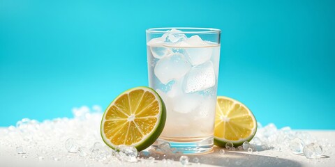 Clear glass with effervescent bubbles and lime slice, minimalistic backdrop emphasizing refreshment and cheer, cool, background, summer