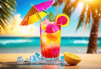 vibrant cocktail splash showcasing colorful umbrella bright summer background, drink, refreshment, liquid, beverage, red, yellow, blue, green, orange