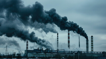 Obraz premium Factory chimney emitting thick smoke, symbolizing industrial pollution and its harmful effects on the environment. Ecology, environmental degradation, and the need for sustainable practic concept. 