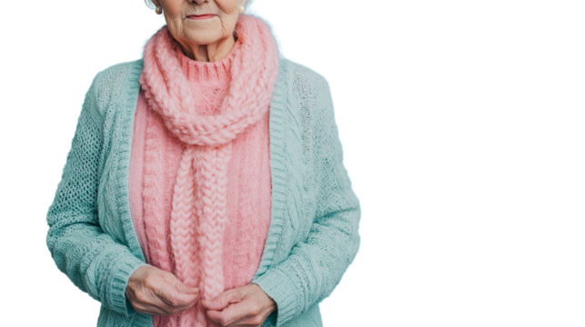 Elderly woman with warm and kind expression, stylish pastel outfit, professional yet friendly, isolated PNG
