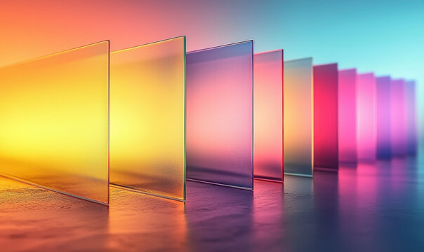 Layered frosted glass rectangles in vibrant colors create stunning visual