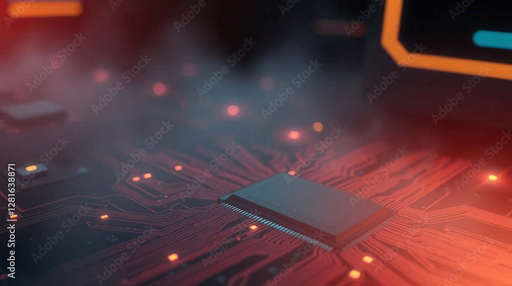 Poster a close-up of a microchip on a circuit board glows with red and orange light in a tech landscape.