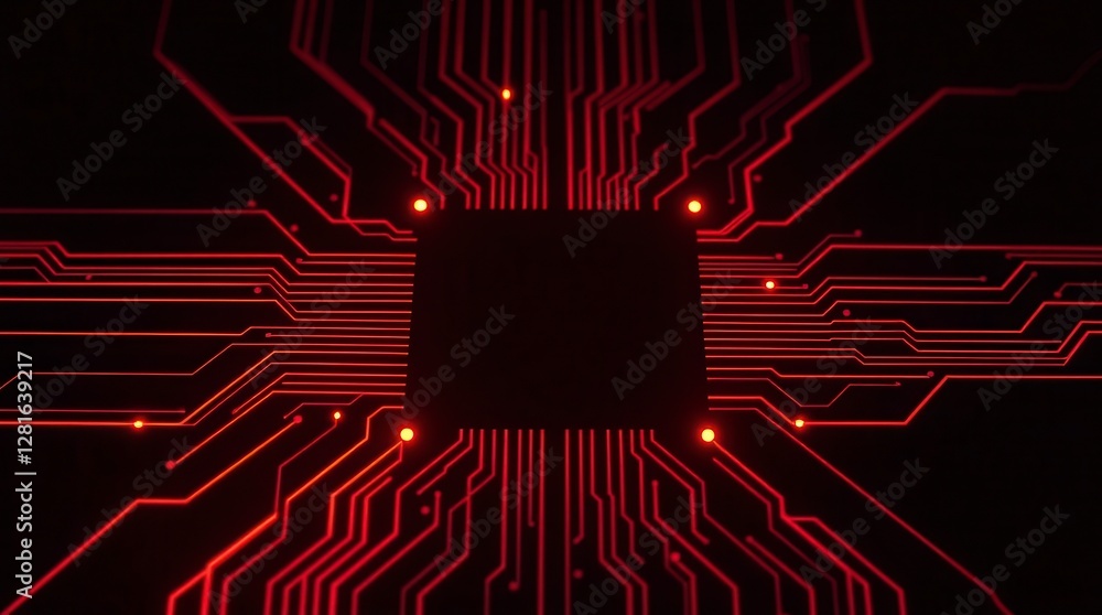 Poster a detailed view of a computer processor reveals glowing red circuits, highlighting modern technology