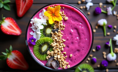Fototapeta premium dragon fruit & strawberry smoothie bowl top view decorated with edible flowers