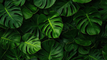 Seamless pattern of Monstera leaves in deep green tones