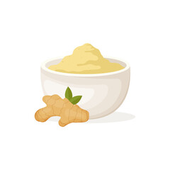 Ginger powder in the bowl with ginger root. Vector illustration.