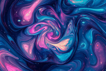 Illustration of a mesmerizing galaxy swirl in vibrant shades of deep blue, violet, and neon pink. Stars twinkle within the cosmic spiral, creating a hypnotic and otherworldly abstract composition that