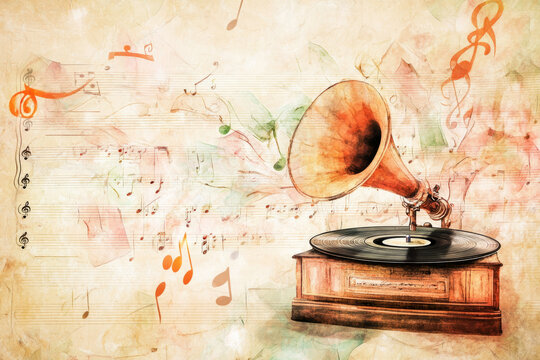 Illustration of a vintage gramophone with a spinning record, surrounded by delicate sheet music and musical notes floating in the air. The nostalgic design evokes a sense of old time elegance and