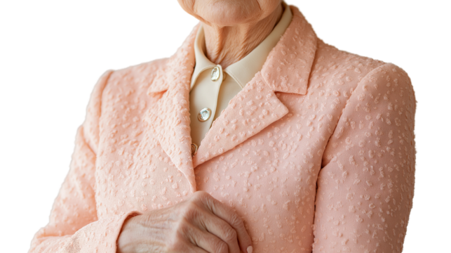 Elderly woman with warm and kind expression, stylish pastel outfit, professional yet friendly, isolated PNG