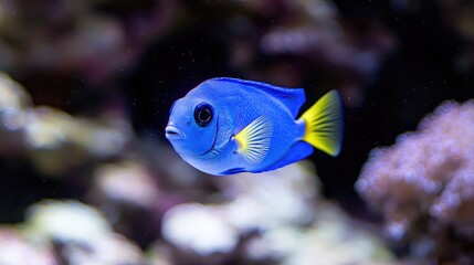 Vibrant blue fish in aquarium coral reef