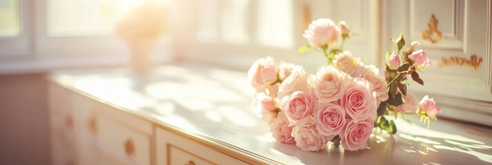 Delicate Pink Roses on Antique Dresser - A bouquet of light pink roses rests on a vintage white dresser, bathed in soft sunlight. Elegant and romantic