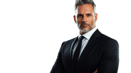 Serious businessman in a dark suit, confident yet intense expression, high-resolution, isolated PNG