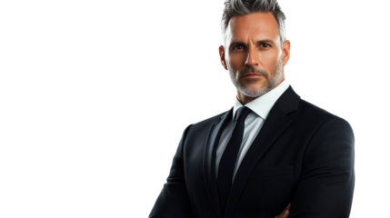 Serious businessman in a dark suit, confident yet intense expression, high-resolution, isolated PNG