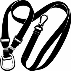 Safety lanyard with double clip and secure carabiner, black silhouette. Concept: fall protection, industrial harness, construction gear.
