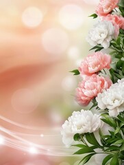 Obraz premium Delicate Peonies Blossom - Stunning close-up of pink and white peonies, elegantly arranged against a soft, peach-hued bokeh background