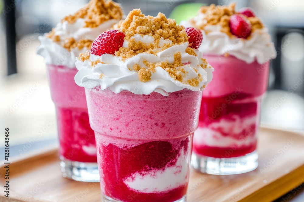 Poster delicious raspberry smoothie with whipped cream and crumble - three refreshing raspberry smoothies t