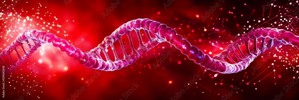 Poster dna double helix structure - close-up view of a vibrant pink dna double helix against a red backgrou