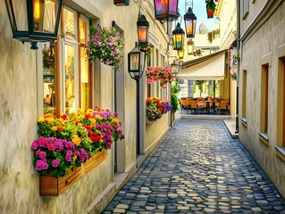 Narrow cobblestone street with lanterns hanging overhead, colorful flowers on window sills, and a café with outdoor seating in the distance. 