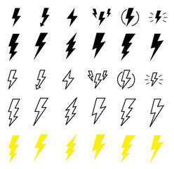 flash thunder power icon set. Flash lightning bolt symbol. Energy power sign, Lightning bolt icons set, black outline of flash lightning bolt icon vector illustration. Energy, power symbol.