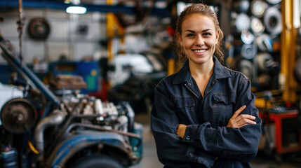 Female mechanic in a professional uniform working on a car engine, showcasing skill and breaking gender stereotypes in the automotive industry. Expertise, confidence, and diversity concept