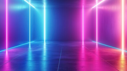 Neon Lights Abstract Background: Vibrant Pink and Blue Glowing Lines Reflecting on a Sleek Floor