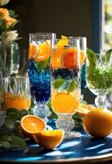 bright inviting display colorful summer beverages arranged various attractive glassware, drink, refreshing, ice, garnish, fruit, pitcher, straw, cocktail