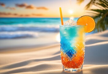 vibrant drink glass reflecting sunlight sandy beach gentle waves blue skies refreshing summer vibe, beverage, cocktail, refreshment, tropical, ocean