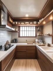 This stylish kitchen reveals a dark wood wooden cabinet design