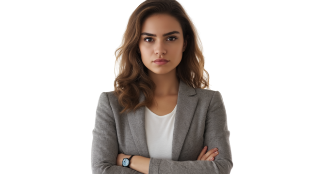 Dropshipping business owner in a smart-casual blazer, focused and determined look, clean white background, isolated PNG