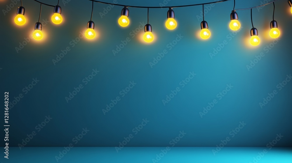 Poster festive string lights on teal background - warm yellow string lights illuminate a teal backdrop, sym