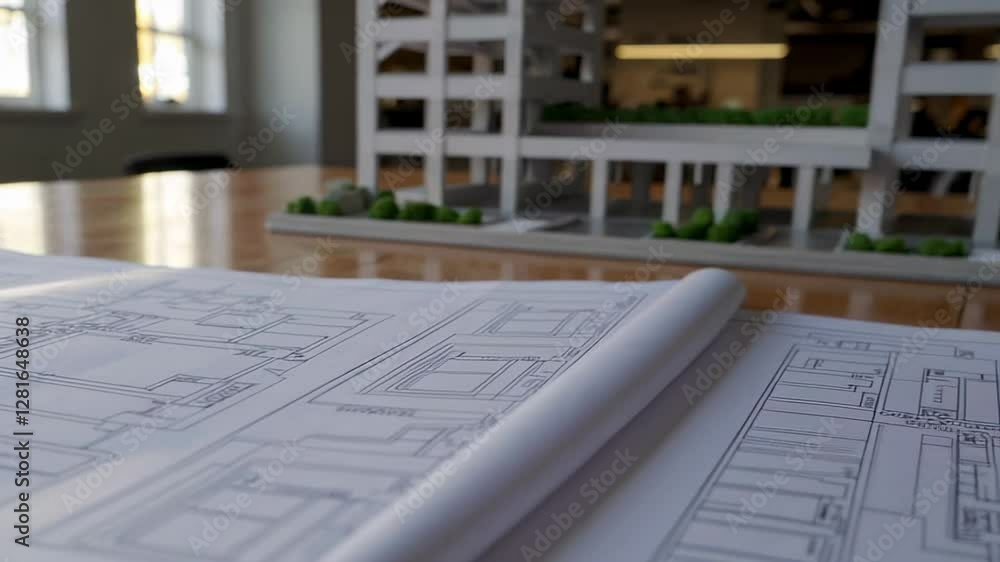 Aufkleber architectural model showcasing modern building design, lying beside detailed blueprints on wooden su