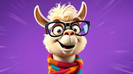 Fototapeta premium Charming llama illustration wearing glasses and a colorful scarf against a vibrant purple backdrop. Warm, friendly, and engaging design.